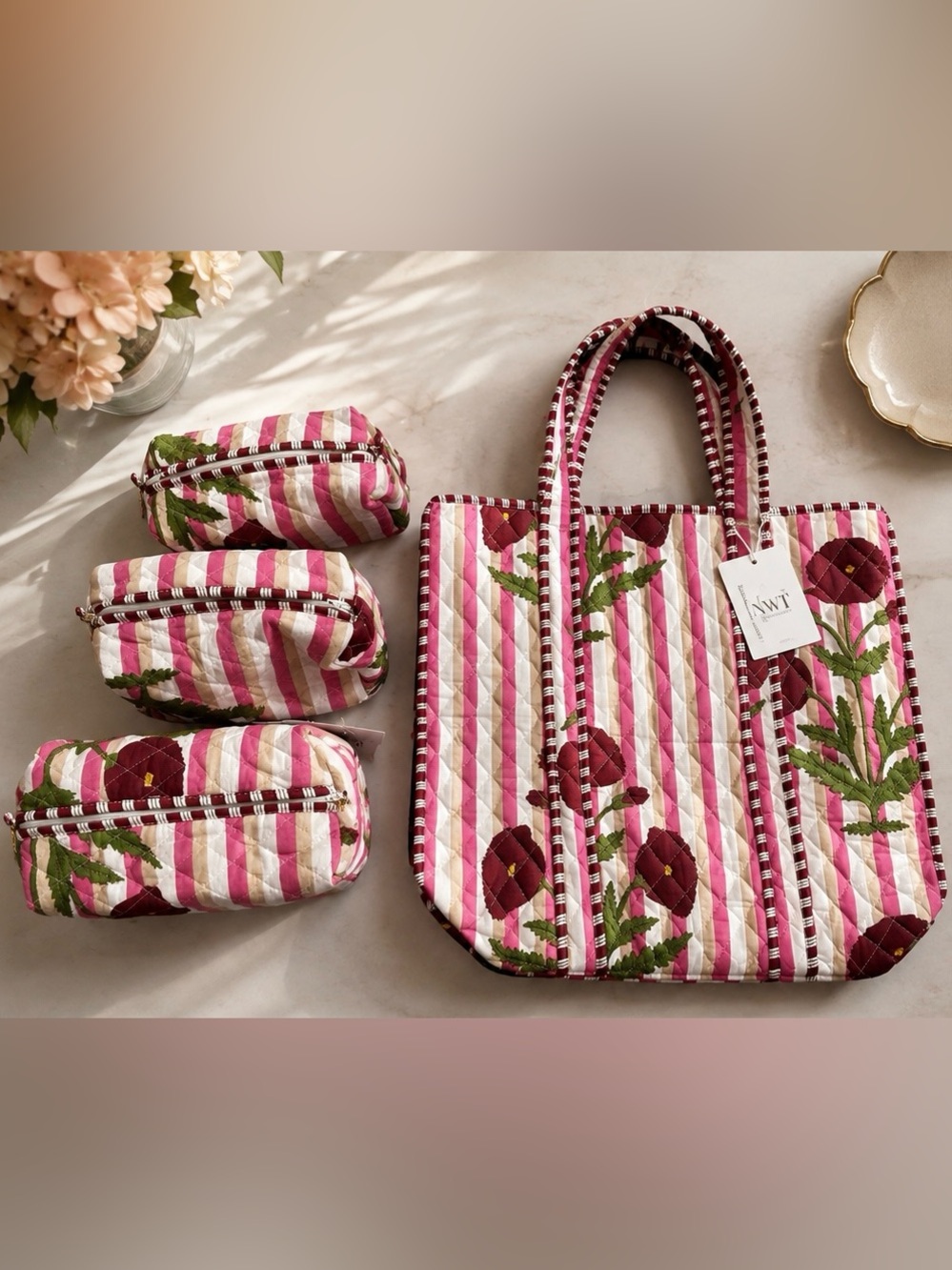 NWT Quilted Cotton Pink Stripe Floral Tote with 3 Matching Pouches